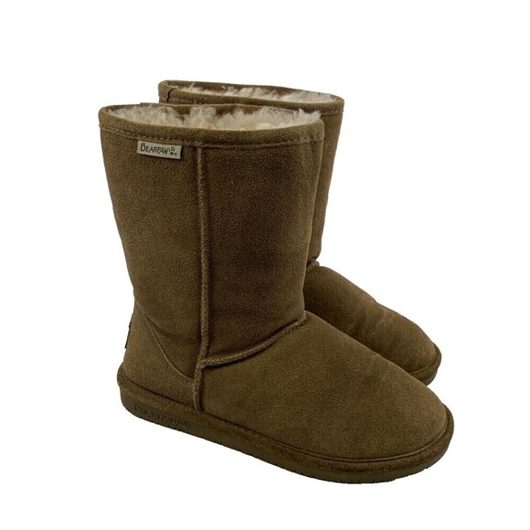 Bearpaw Emma Short Boots Brown Tan Suede Pull On Mid Shearling Lined Womens 7 - Picture 1 of 13